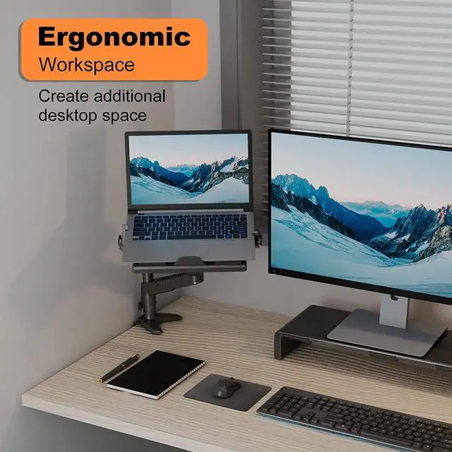 Alt view image 3 of 7 - Gas Spring Laptop Mount with Adjustable Tray - Klearlook 2in1 Full Motion Monitor Laptop Stand Mount,Fully Adjustable Extension Arm Mount with 75x75/100x100mm VESA Plate,Clamp-on and Grommet Mounting