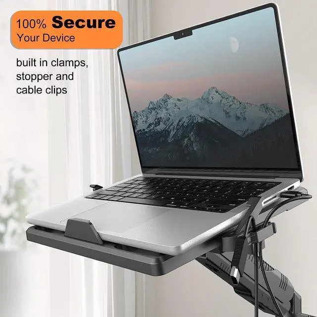 Alt view image 4 of 7 - Gas Spring Laptop Mount with Adjustable Tray - Klearlook 2in1 Full Motion Monitor Laptop Stand Mount,Fully Adjustable Extension Arm Mount with 75x75/100x100mm VESA Plate,Clamp-on and Grommet Mounting