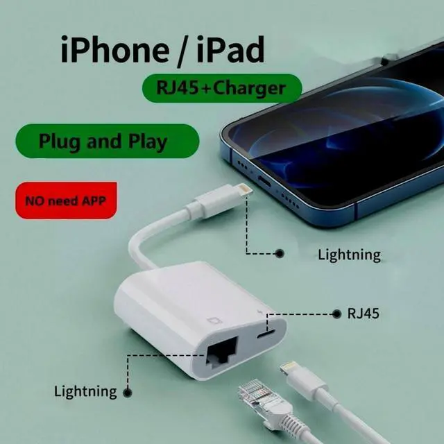 Alt view image 3 of 7 - [Apple MFi Certified] Lightning to Ethernet Adapter for iPhone,2 in 1 LAN Ethernet Network to Lightning Adapter with Charging for iPhone 14/13/Pro Max/12/11/XS/XR/X/8/7/6/5 iPad 100Mbps Cat 8 7 6