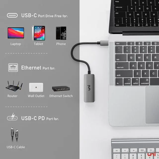 Alt view image 6 of 7 - uni USB C to Ethernet Adapter with 100W Charging Port, RJ45 to USB C 1Gbps Type-C Gigabit Ethernet LAN Network Adapter Power Delivery PD for Laptop, MacBook Pro/Air, Dell XPS, Chromebook, Surface book