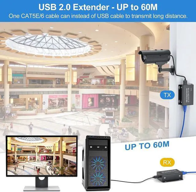 Alt view image 3 of 7 - USB Extender Over Ethernet 200ft USB2.0 HUB RJ45 Cat5e/6 up to 480Mbps with Power Adapter Two Cameras Work in Sync Support Windows MacOS Android Linux