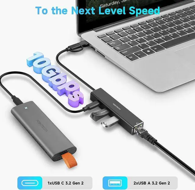 Alt view image 3 of 7 - USB to Ethernet Adapter, RSHTECH USB 3.2 Gen 2 Hub with RJ45 Gigabit Ethernet, 10Gbps USB-C and 2 USB-A Data Ports, Aluminum USB Type C to LAN Network Adapter Splitter for Laptop and PC, RSH-ST310
