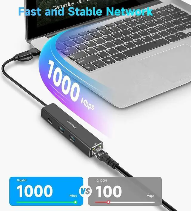 Alt view image 4 of 7 - USB to Ethernet Adapter, RSHTECH USB 3.2 Gen 2 Hub with RJ45 Gigabit Ethernet, 10Gbps USB-C and 2 USB-A Data Ports, Aluminum USB Type C to LAN Network Adapter Splitter for Laptop and PC, RSH-ST310
