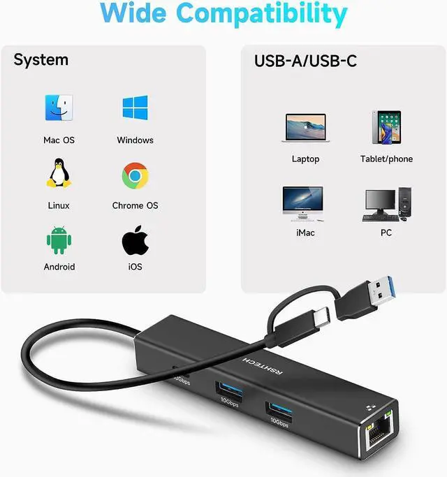 Alt view image 7 of 7 - USB to Ethernet Adapter, RSHTECH USB 3.2 Gen 2 Hub with RJ45 Gigabit Ethernet, 10Gbps USB-C and 2 USB-A Data Ports, Aluminum USB Type C to LAN Network Adapter Splitter for Laptop and PC, RSH-ST310
