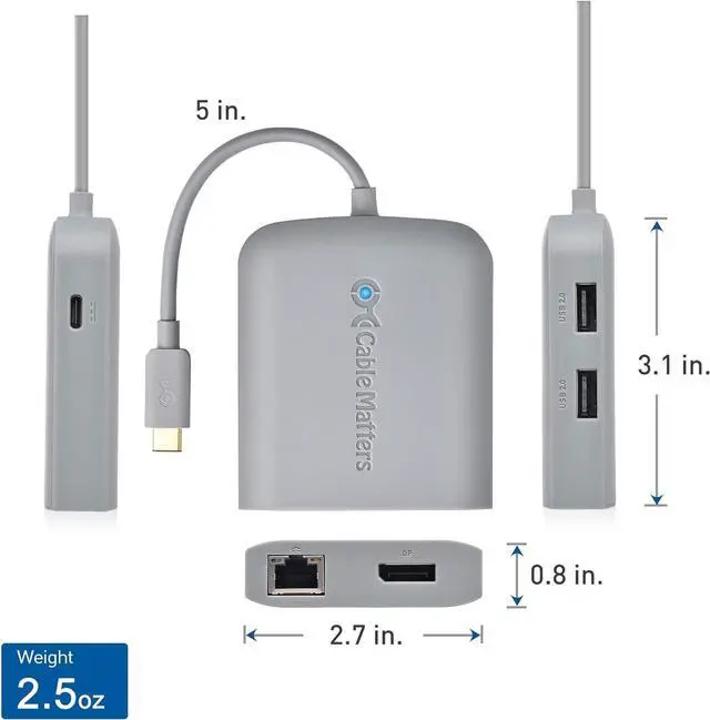 Alt view image 7 of 7 - [Works with Chromebook Certified] Cable Matters USB C Hub Multiport Adapter with 4K DisplayPort, 2X USB 2.0, 100Mbps Fast Ethernet, and 60W PD