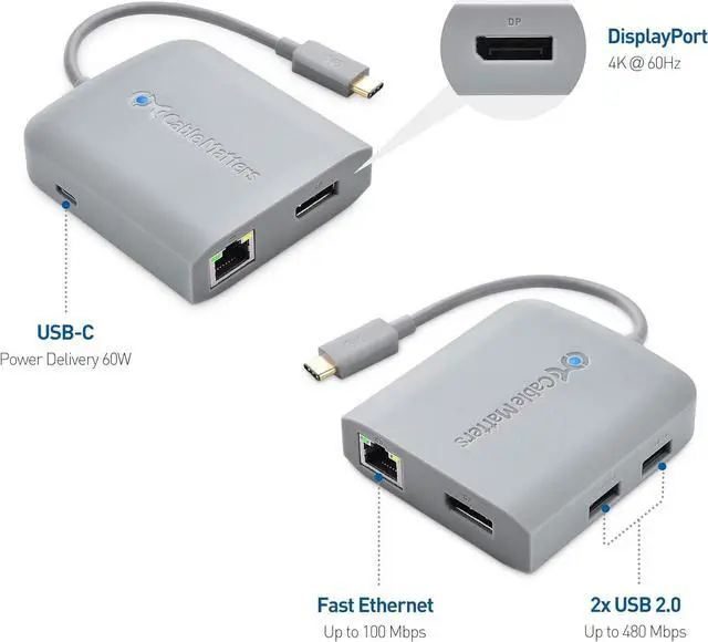 Alt view image 2 of 7 - [Works with Chromebook Certified] Cable Matters USB C Hub Multiport Adapter with 4K DisplayPort, 2X USB 2.0, 100Mbps Fast Ethernet, and 60W PD