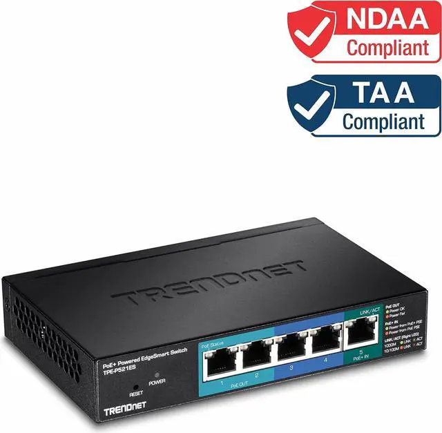 Alt view image 2 of 7 - TRENDnet 5-Port Gigabit PoE+ Powered EdgeSmart Switch with PoE Pass Through, 18W PoE Budget, 10Gbps Switching Capacity, Managed Switch, Wall-Mountable, Lifetime Protection, Black, TPE-P521ES