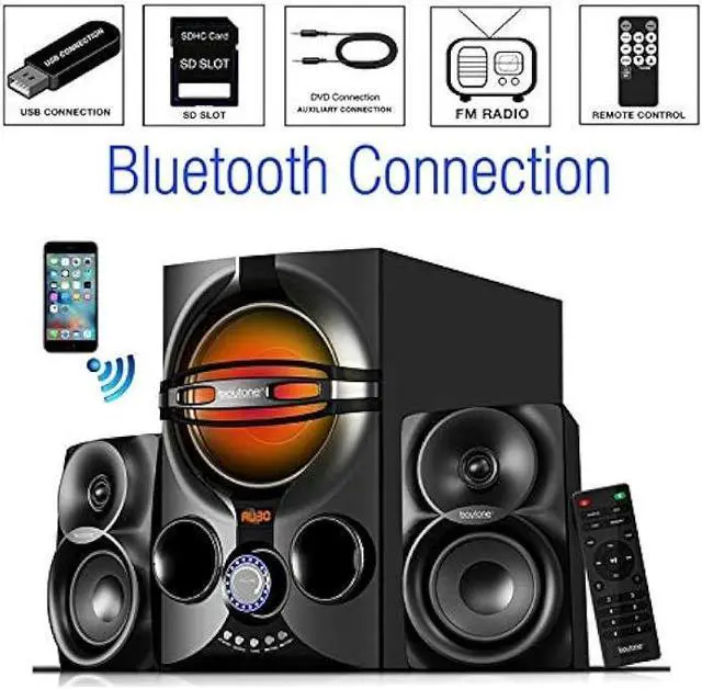 Alt view image 2 of 6 - Boytone BT-324F, 2.1 Bluetooth Powerful Home Theater Speaker Systems, with FM Radio, SD USB Ports, Digital Play Back, 40 Watts, RGB Light, Full Function Remote Control, Smartphone, Tablet