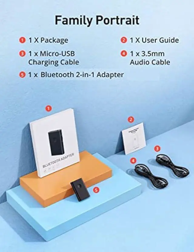Alt view image 5 of 5 - V5.0 Bluetooth Transmitter Receiver for TV PC, 2-in-1 AUX Audio Adapter, Wireless 3.5mm Bluetooth Adapter for Headphones/Car/Home Stereo/Switch/Speakers, Simultaneously Pair 2 Devices