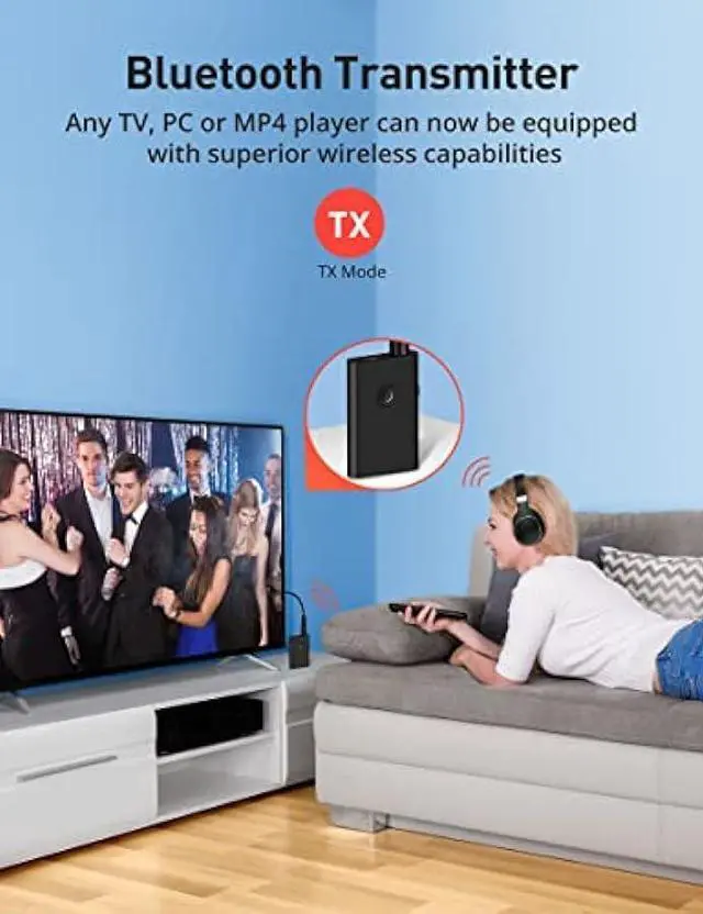 Alt view image 2 of 5 - V5.0 Bluetooth Transmitter Receiver for TV PC, 2-in-1 AUX Audio Adapter, Wireless 3.5mm Bluetooth Adapter for Headphones/Car/Home Stereo/Switch/Speakers, Simultaneously Pair 2 Devices