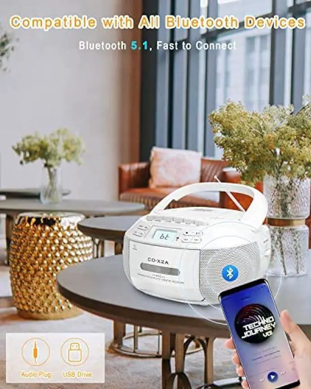 Alt view image 4 of 6 - CD Cassette Boombox Player Combo with Bluetooth,AM FM Radio,Sunoony Remote Control with Dual Speakers,Tape Recording,AUX/USB Drive,AC/DC Powered,LCD Display,Headphone Jack for Home,Kids,Seniors,Gift