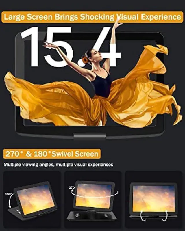 Alt view image 2 of 5 - WONNIE 17.9 Large Portable DVD/CD Player with 6 Hrs 5000mAH Rechargeable Battery, 15.4 Swivel Screen, 1366x768 HD LCD TFT, Regions Free, Support USB/SD Card/Sync TV, High Volume Speaker