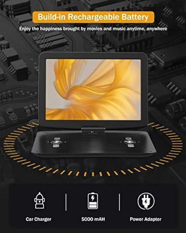 Alt view image 3 of 5 - WONNIE 17.9 Large Portable DVD/CD Player with 6 Hrs 5000mAH Rechargeable Battery, 15.4 Swivel Screen, 1366x768 HD LCD TFT, Regions Free, Support USB/SD Card/Sync TV, High Volume Speaker