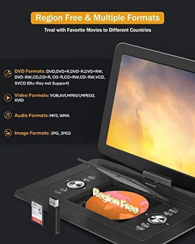 Alt view image 5 of 5 - WONNIE 17.9 Large Portable DVD/CD Player with 6 Hrs 5000mAH Rechargeable Battery, 15.4 Swivel Screen, 1366x768 HD LCD TFT, Regions Free, Support USB/SD Card/Sync TV, High Volume Speaker