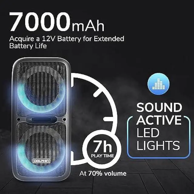 Alt view image 3 of 6 - Dolphin SP-2120RBT Party Speakers - Portable & Rechargeable Sound System with Microphone, Bluetooth, USB, Hi-Fi Amplifier, Powerful Bass, 5-Band Equalizer & LED Lights - Long Battery Life - 2x12-inch