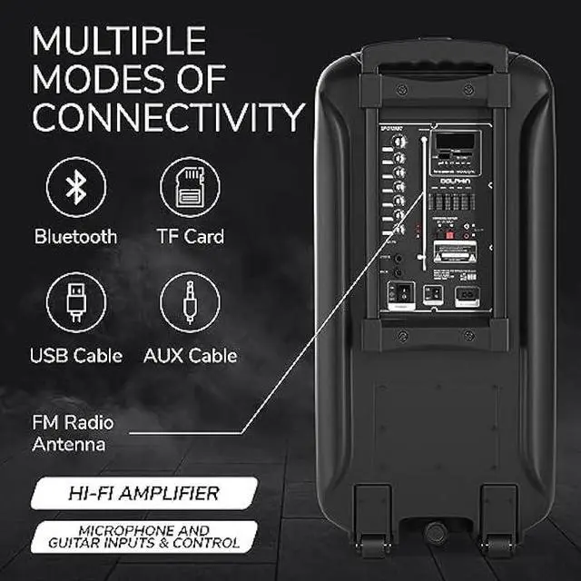 Alt view image 5 of 6 - Dolphin SP-2120RBT Party Speakers - Portable & Rechargeable Sound System with Microphone, Bluetooth, USB, Hi-Fi Amplifier, Powerful Bass, 5-Band Equalizer & LED Lights - Long Battery Life - 2x12-inch