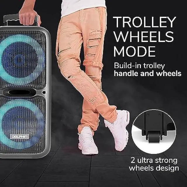 Alt view image 6 of 6 - Dolphin SP-2120RBT Party Speakers - Portable & Rechargeable Sound System with Microphone, Bluetooth, USB, Hi-Fi Amplifier, Powerful Bass, 5-Band Equalizer & LED Lights - Long Battery Life - 2x12-inch