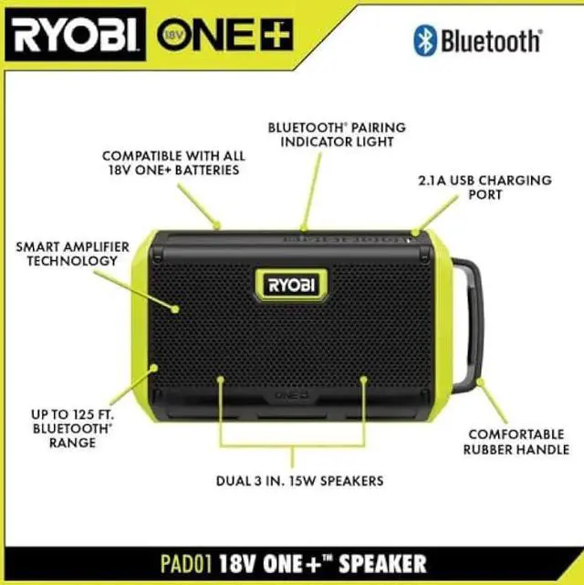 Alt view image 2 of 7 - RYOBI ONE+ 18V Speaker with Bluetooth Wireless Technology with 2.0 Ah Battery and Charger PAD01SB
