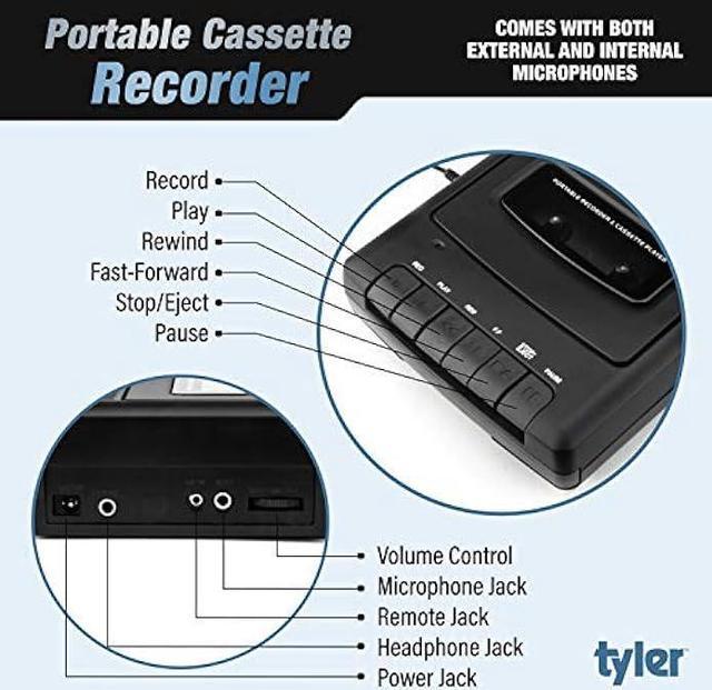 Alt view image 6 of 7 - Tyler TCP-01 Portable Cassette Player and Recorder - Retro Shoebox Style Music Device with Stand-Alone Microphone, Built-in Speaker, and Retractable Handle - Auto Voice Level Control, 120V AC Adapter
