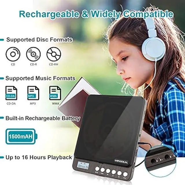 Alt view image 4 of 5 - CD Player Portable, MONODEAL Portable Rechargeable Player with Dual Headphones Jack, Small Anti-Skip CD Player for Car/Travel/Home, Personal CD Player for Adults Kids (Dark Brown)