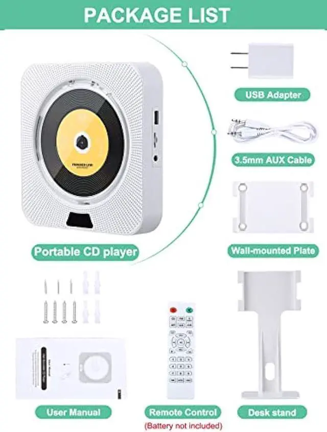 Alt view image 7 of 7 - ZEXMTE Portable CD Player with Bluetooth,Wall Mountable CD Music Player with IR Remote Control, Wall CD Player for Home with Speakers, with Dust Cover/LED Screen,Support CD, USB, TF, AUX Input