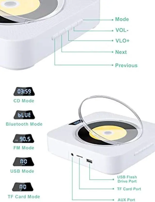 Alt view image 2 of 7 - ZEXMTE Portable CD Player with Bluetooth,Wall Mountable CD Music Player with IR Remote Control, Wall CD Player for Home with Speakers, with Dust Cover/LED Screen,Support CD, USB, TF, AUX Input