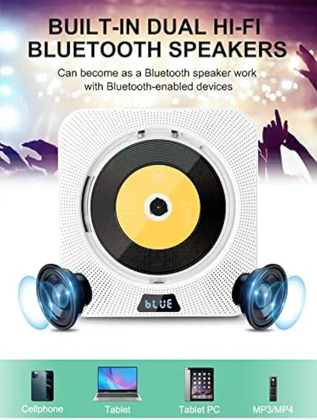 Alt view image 3 of 7 - ZEXMTE Portable CD Player with Bluetooth,Wall Mountable CD Music Player with IR Remote Control, Wall CD Player for Home with Speakers, with Dust Cover/LED Screen,Support CD, USB, TF, AUX Input