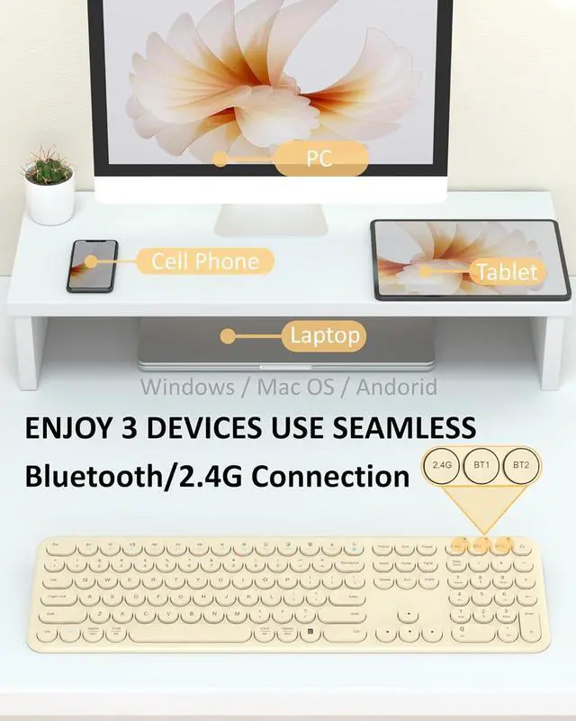 Alt view image 2 of 7 - Silent Wireless Keyboard, Bluetooth/2.4G Dual-Mode (Khaki) | Cloud-W Bluetooth & 2.4G dual mode, 110-key full-size layout, quiet typing and compatibility with Mac, PC and laptops