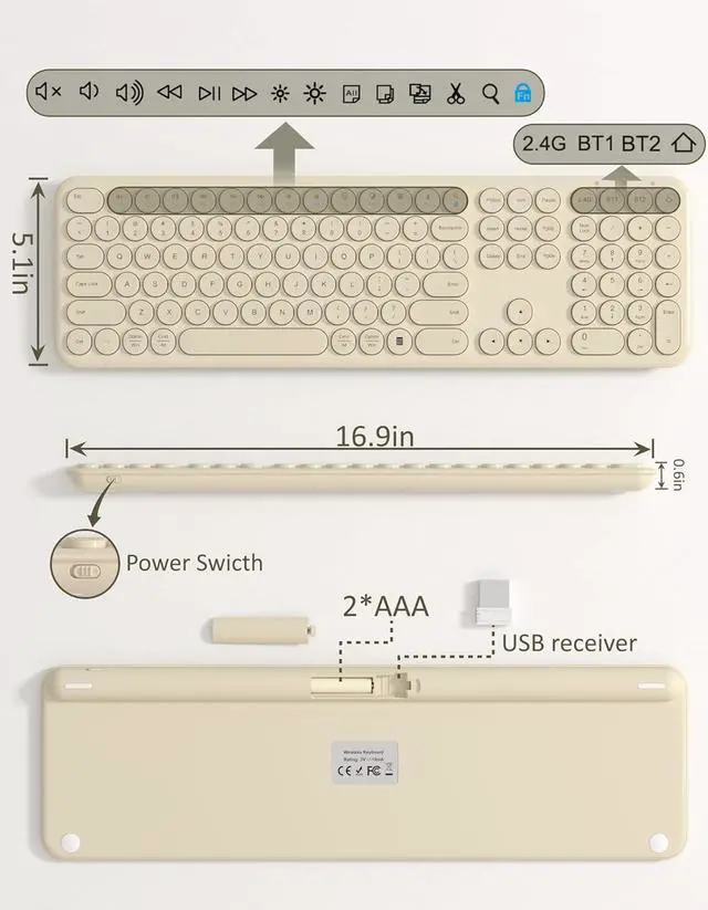 Alt view image 5 of 7 - Silent Wireless Keyboard, Bluetooth/2.4G Dual-Mode (Khaki) | Cloud-W Bluetooth & 2.4G dual mode, 110-key full-size layout, quiet typing and compatibility with Mac, PC and laptops