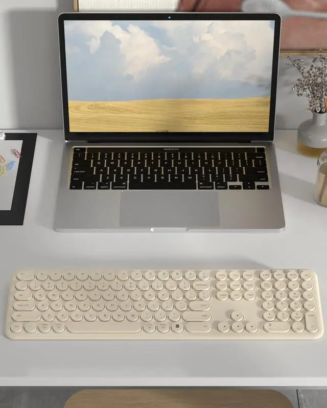 Alt view image 6 of 7 - Silent Wireless Keyboard, Bluetooth/2.4G Dual-Mode (Khaki) | Cloud-W Bluetooth & 2.4G dual mode, 110-key full-size layout, quiet typing and compatibility with Mac, PC and laptops