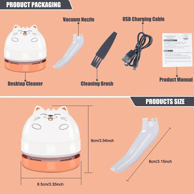 Alt view image 6 of 7 - YUNYILAN Mini Desktop Vacuum Cleaner, Portable USB Vacuum Cleaner for Desk Mini Cute Cartoon Desktop Vacuum for Cleaning Eraser Crumbs, Dust, Crumbs, Computer, Keyboard and Car (White Orange)