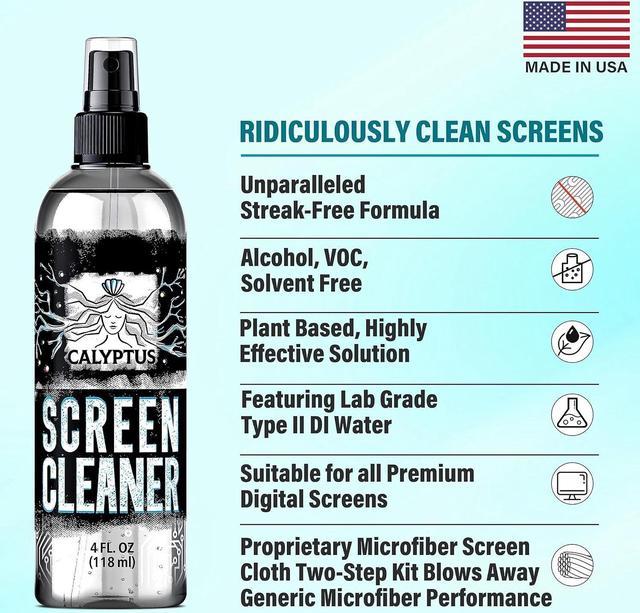 Calyptus Screen Cleaner Spray Kit | (2X) 4oz Sprayer Bottles + (4X)  Microfiber Cleaning Cloth | Alcohol Free | Phone, Laptop, TV Screen, iPad,  iPhone