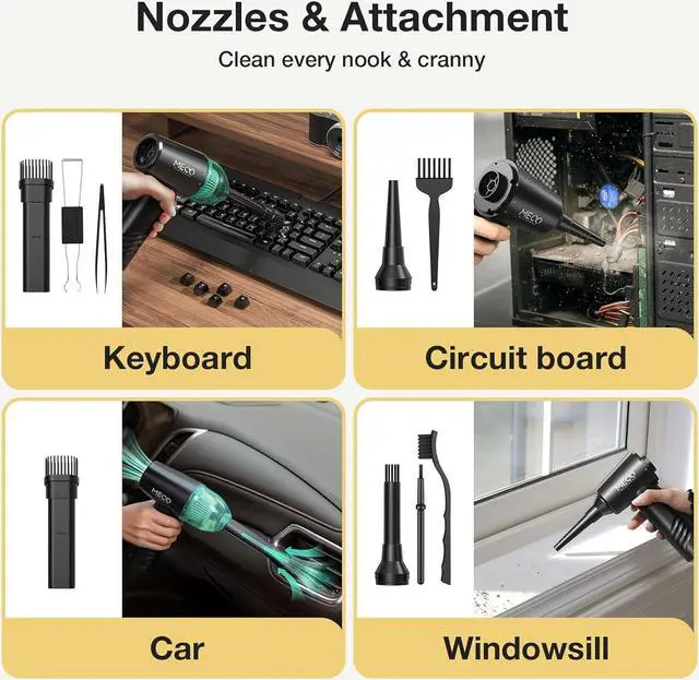 Alt view image 5 of 7 - Compressed Air Duster Mini Vacuum 4in1 Cordless Air Duster with 3 Gear 110000RPM Air Blower 13000PA Keyboard Vacuum Cleaner Air Duster for PC/Computer/Keyboard/Sofa/Car (Green)
