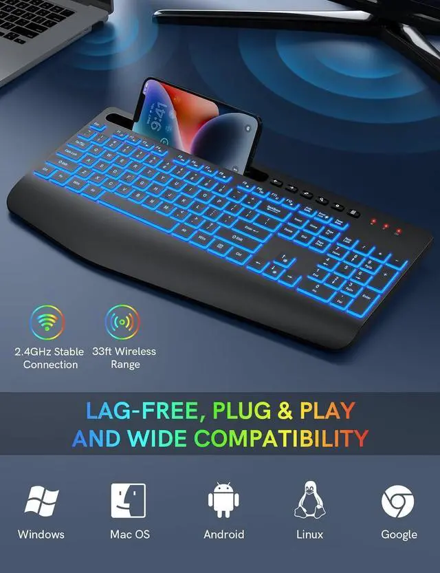 Alt view image 5 of 7 - Trueque Wireless Keyboard with 7 Colored Backlits, Wrist Rest, Phone Holder, Rechargeable Ergonomic Keyboard with Silent Light Up Keys, Cordless Computer Keyboard for Windows, Mac, Laptop