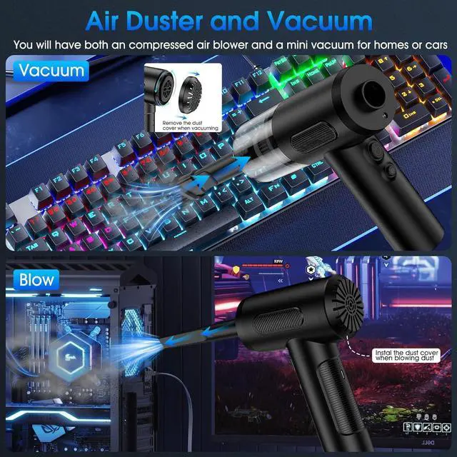 Alt view image 3 of 7 - Compressed Air Duster, 100000RPM Handheld Car Vacuum/Air Blower& Pump, 3 Gear Adjustable Electric Air Duster/Car Vacuum Cleaner, Keyboard Duster with LED Light-10 Kits Air Blower for Computer(Black)