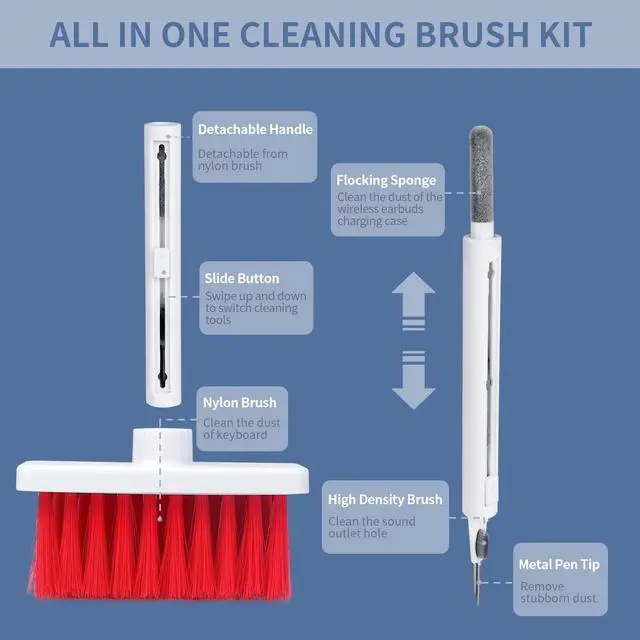 Alt view image 2 of 7 - Keyboard Cleaning Kit, 5 in 1 Keyboard & Earphone Cleaner, Soft Brush Keyboard Cleaning Tools, Slide Botton Cleaning Kit for Airpods, Earbuds, Phones, Laptop, Computer (Red)