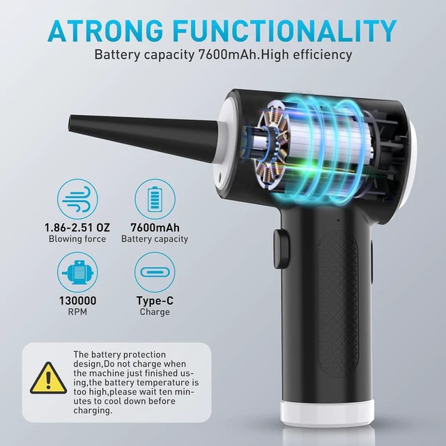 Alt view image 2 of 7 - Compressed Air Duster, 130000RPM Electric air Duster Keyboard Cleaner for Office, Reusable no Canned Air Duster, car Duster, PC Duster Electric air Duster, Cordless Air Duster 7600mAh