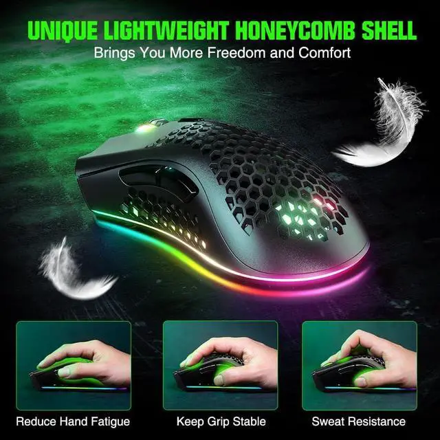 Alt view image 2 of 7 - WolfLawS KM-1 Wireless Gaming Mouse, Computer Mice USB Wireless Mouse with Honeycomb Shell, 6 Programmed Buttons, 3 Adjustable DPI, Ergonomic RGB Optical Gamer Mouse for Laptop PC Mac