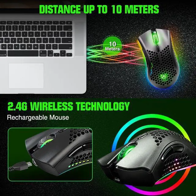 Alt view image 4 of 7 - WolfLawS KM-1 Wireless Gaming Mouse, Computer Mice USB Wireless Mouse with Honeycomb Shell, 6 Programmed Buttons, 3 Adjustable DPI, Ergonomic RGB Optical Gamer Mouse for Laptop PC Mac