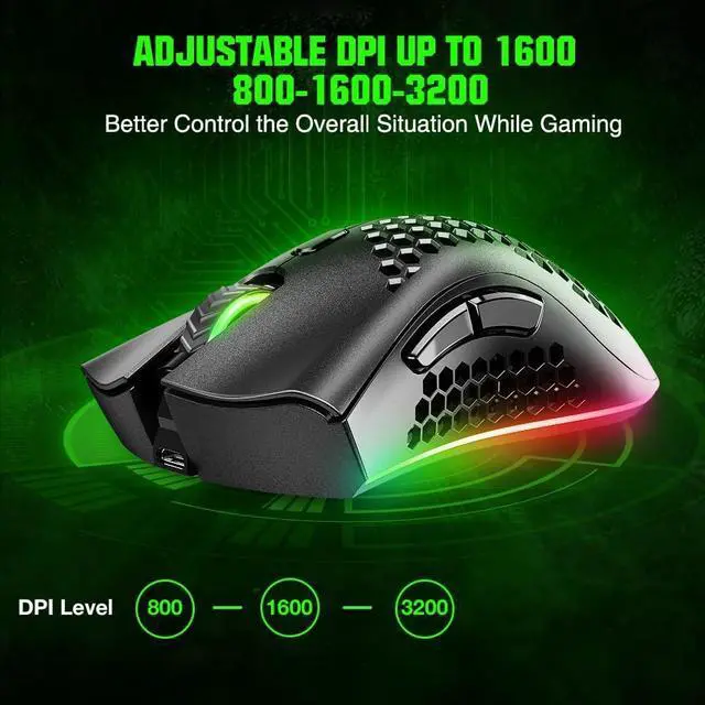 Alt view image 3 of 7 - WolfLawS KM-1 Wireless Gaming Mouse, Computer Mice USB Wireless Mouse with Honeycomb Shell, 6 Programmed Buttons, 3 Adjustable DPI, Ergonomic RGB Optical Gamer Mouse for Laptop PC Mac