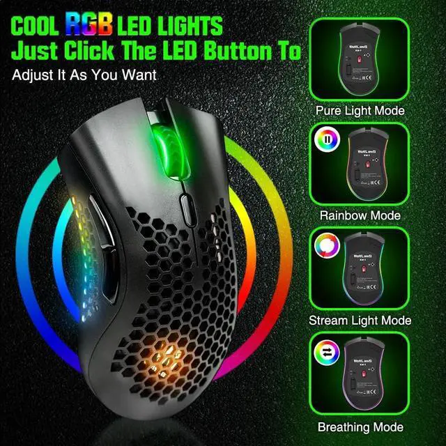 Alt view image 5 of 7 - WolfLawS KM-1 Wireless Gaming Mouse, Computer Mice USB Wireless Mouse with Honeycomb Shell, 6 Programmed Buttons, 3 Adjustable DPI, Ergonomic RGB Optical Gamer Mouse for Laptop PC Mac