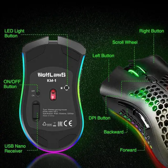 Alt view image 6 of 7 - WolfLawS KM-1 Wireless Gaming Mouse, Computer Mice USB Wireless Mouse with Honeycomb Shell, 6 Programmed Buttons, 3 Adjustable DPI, Ergonomic RGB Optical Gamer Mouse for Laptop PC Mac