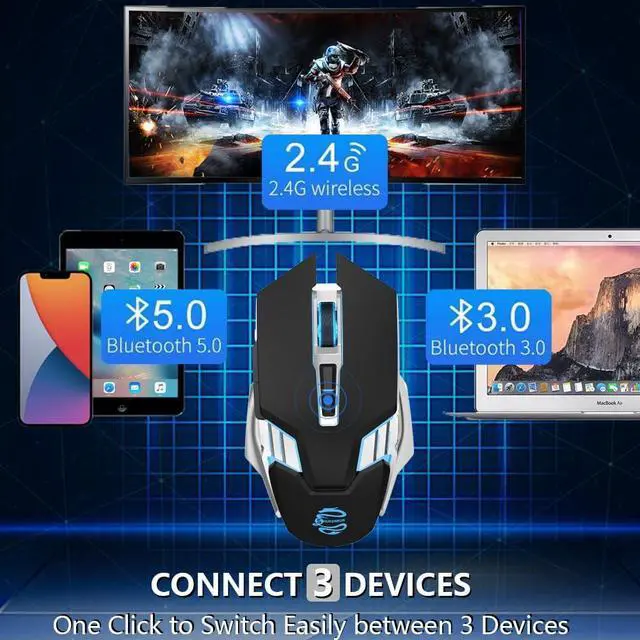 Alt view image 2 of 7 - Wireless Gaming Mouse Bluetooth Mouse, Quiet Click, 800mAh Long-Lasting Rechargeable Battery, Multi Device, 7 Buttons,Light up Computer Mice for Laptop PC iPad Tablet MacBook Office Games - Black