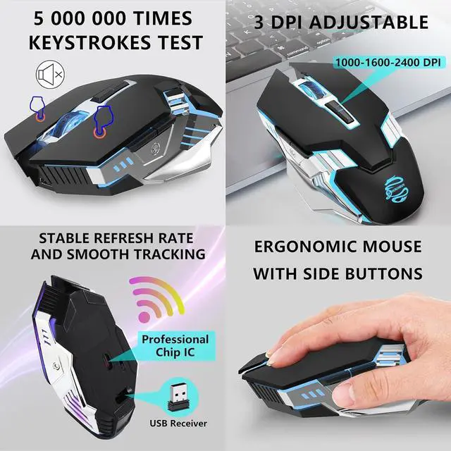 Alt view image 6 of 7 - Wireless Gaming Mouse Bluetooth Mouse, Quiet Click, 800mAh Long-Lasting Rechargeable Battery, Multi Device, 7 Buttons,Light up Computer Mice for Laptop PC iPad Tablet MacBook Office Games - Black