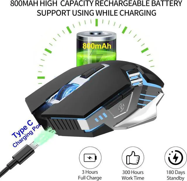 Alt view image 3 of 7 - Wireless Gaming Mouse Bluetooth Mouse, Quiet Click, 800mAh Long-Lasting Rechargeable Battery, Multi Device, 7 Buttons,Light up Computer Mice for Laptop PC iPad Tablet MacBook Office Games - Black