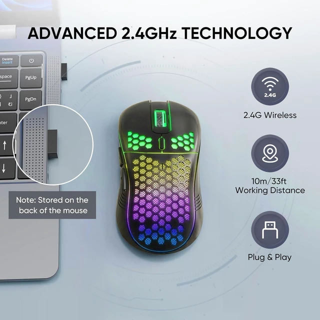 Alt view image 2 of 7 - MELOGAGA Wireless Gaming Mouse RGB Rechargeable Lightweight Honeycomb Black
