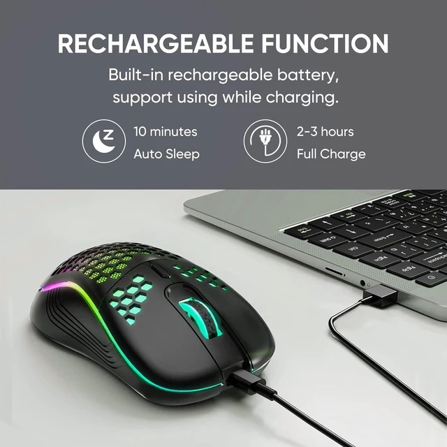 Alt view image 6 of 7 - MELOGAGA Wireless Gaming Mouse RGB Rechargeable Lightweight Honeycomb Black