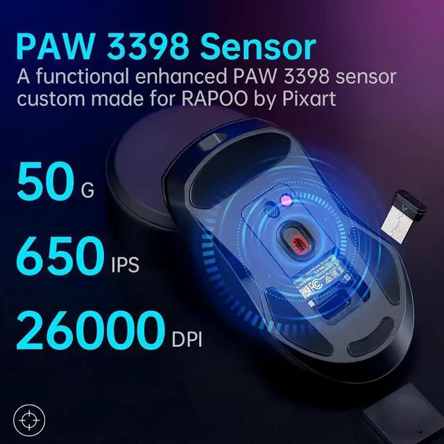 Alt view image 2 of 7 - Rapoo VT9Pro Wireless Gaming Mouse - Esports Grade Performance Gaming Mice, PAW 3398 Sensor, 26000 DPI, 1ms Response Time, 68g Lightweight, 10 Programmable Buttons, Long Battery Life, Black