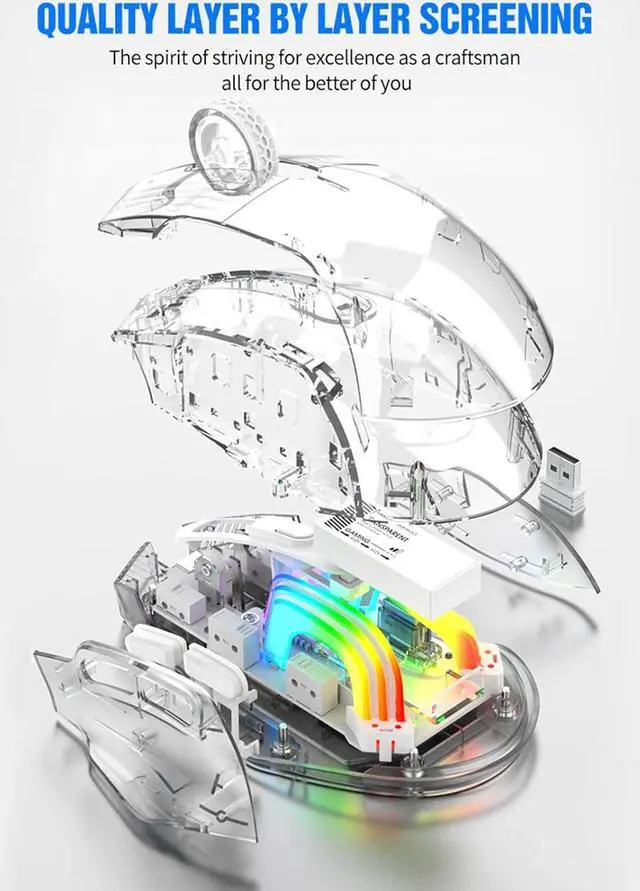 Alt view image 5 of 7 - HXMJ-Wireless Gaming Mice with Transparent Crystal Shell,Tri-Modes (USB Wired+2.4G Wireless+Bluetooth),Silent Click,Rechargeable,RGB Backlit-White