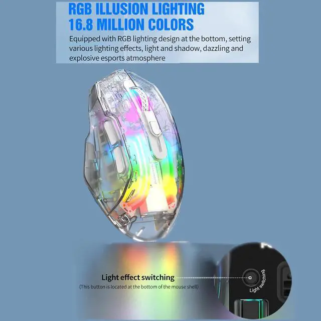 Alt view image 6 of 7 - HXMJ-Wireless Gaming Mice with Transparent Crystal Shell,Tri-Modes (USB Wired+2.4G Wireless+Bluetooth),Silent Click,Rechargeable,RGB Backlit-White